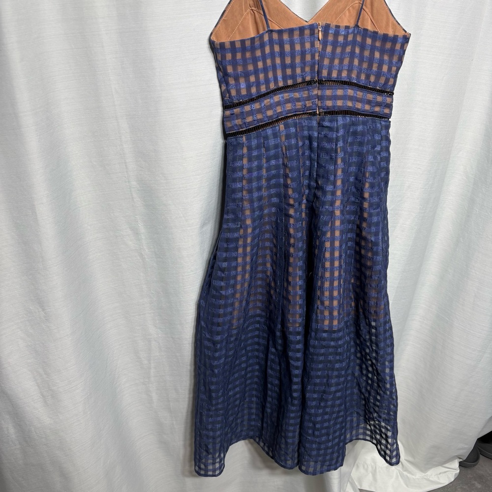 Roselani Navy Blue Tan Gingham Plaid Ladder Lace Cutout Midi Dress Size S Boho - Picture 7 of 12